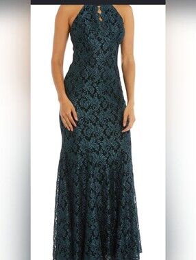 Elegant Navy Blue Lace Halter Maxi Dress
